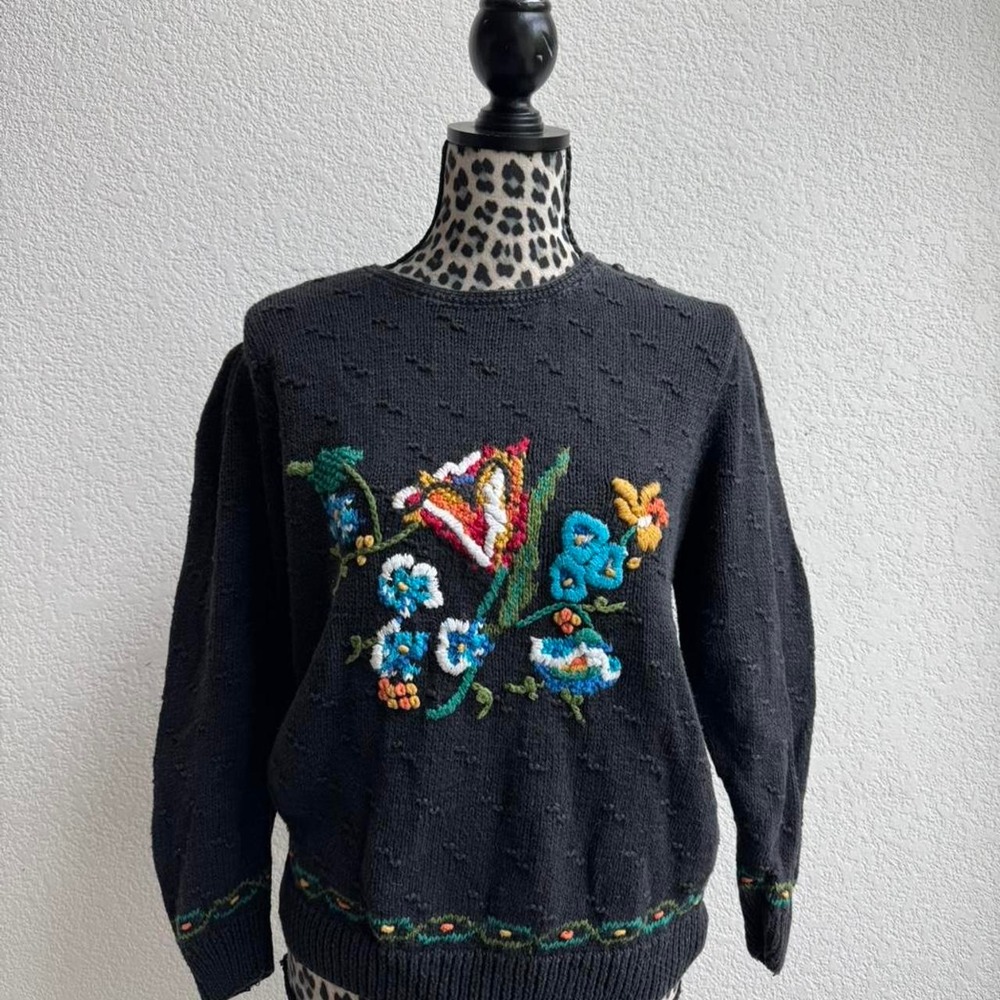 Portraits By Northern Isles Vintage Knitted By Hand black floral sweater